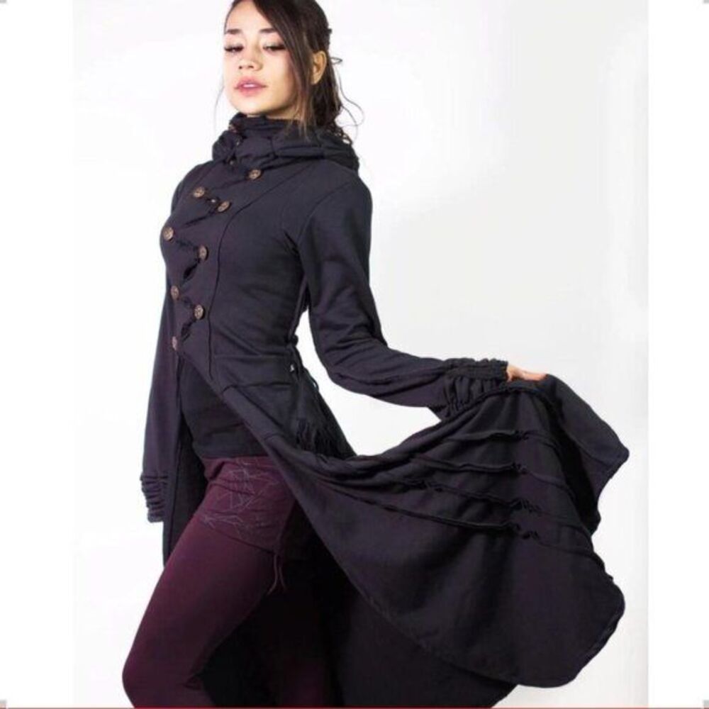 BUDDHAFUL Yesod Black Sweater Cotton Terry Festival BohoJacket Coat S $249
